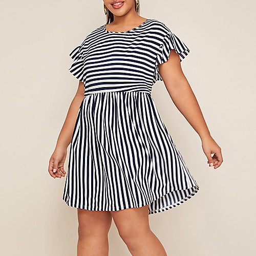 

Women's Plus Size Sheath Dress - Long Sleeve Striped Solid Color Spring & Summer Casual Basic Daily Going out Blue Red Yellow Fuchsia Navy Blue S M L