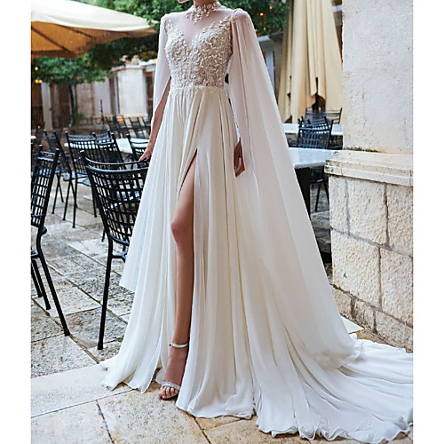 

A-Line High Neck Sweep / Brush Train Chiffon / Lace Long Sleeve Country Plus Size Wedding Dresses with Embroidery / Appliques / Split Front 2020