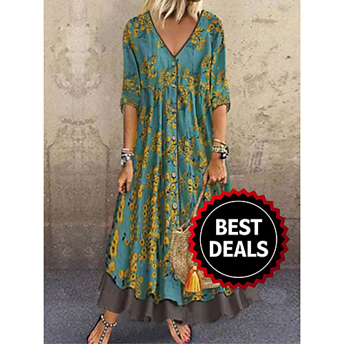 

Women's 2020 Maxi Red Green Dress Casual Spring & Summer Holiday Vacation A Line Floral Print Deep V Layered Print M L Loose