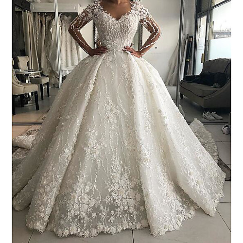 

Ball Gown Wedding Dresses V Neck Sweep / Brush Train Lace Long Sleeve Country Plus Size with Lace Embroidery 2020