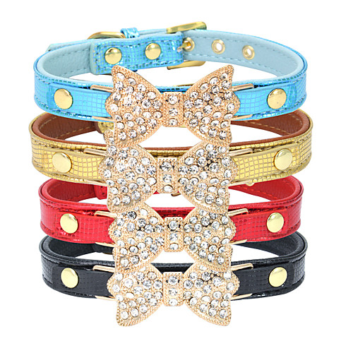 

Cat Dog Collar Adjustable / Retractable Rhinestone Bowknot PU Leather Golden Red Pink