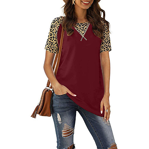 

Women's Daily Basic T-shirt - Color Block Patchwork / Print Wine