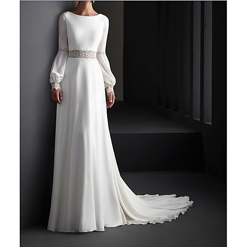 

A-Line Jewel Neck Sweep / Brush Train Lace / Satin Long Sleeve Country Plus Size Wedding Dresses with Lace 2020