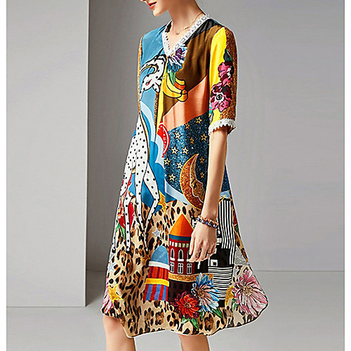 

Women's Blue Dress Loose Print V Neck M L Loose