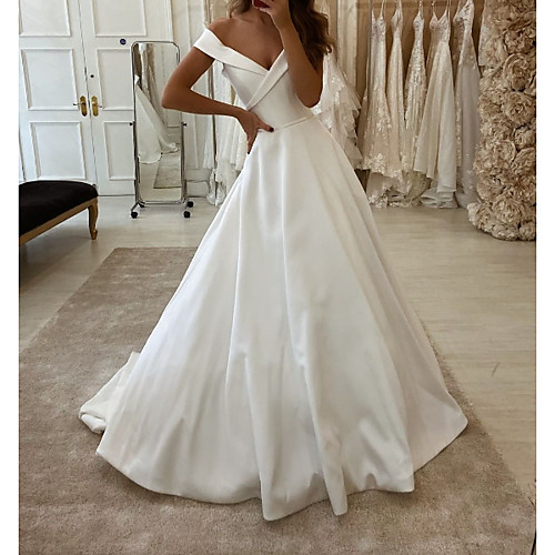 

A-Line V Neck Sweep / Brush Train Polyester Short Sleeve Country Plus Size Wedding Dresses with Side-Draped 2020