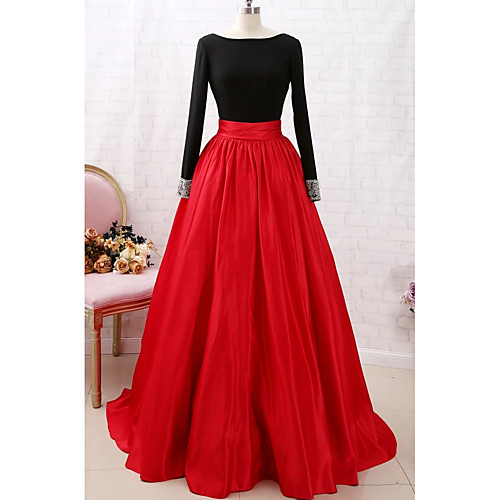 

A-Line Jewel Neck Court Train Satin Color Block / Red Party Wear / Prom Dress with Pleats 2020