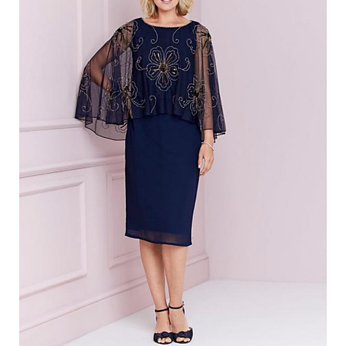 

Sheath / Column Jewel Neck Knee Length Chiffon 3/4 Length Sleeve Elegant Mother of the Bride Dress with Appliques Mother's Day 2020