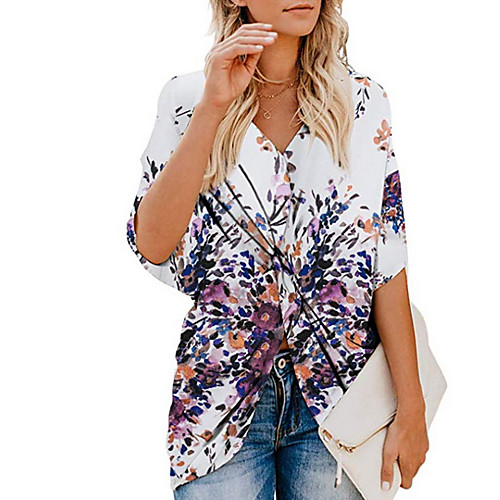 

Women's Geometric Pleated Print Shirt Daily V Neck White / Blue