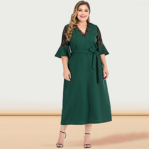 

Women's Green Dress Casual Vintage Spring & Summer Party Going out A Line Loose Solid Color Flare Cuff Sleeve Lace XL XXL