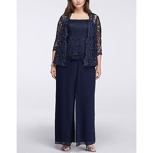

Pantsuit / Jumpsuit Square Neck Floor Length Chiffon 3/4 Length Sleeve Elegant Mother of the Bride Dress with Lace Mother's Day 2020