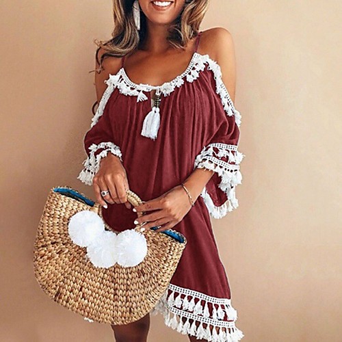 

Women's 2020 Wine Purple Dress Spring & Summer Shift Sundress Solid Color Strap Tassel S M Loose