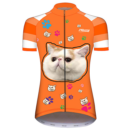 

21Grams Women's Short Sleeve Cycling Jersey OrangeWhite Cat Animal Funny Bike Jersey Top Mountain Bike MTB Road Bike Cycling UV Resistant Breathable Quick Dry Sports Clothing Apparel / Stretchy