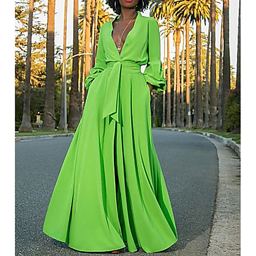 

Women's Maxi Green Dress Street chic A Line Solid Colored Deep V S M