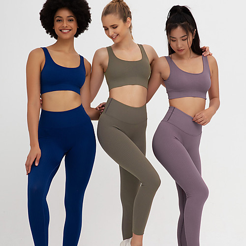 

Women's 2pcs Tracksuit Yoga Suit Solid Color Purple Dark Purple Brown Yoga Fitness Gym Workout Sports Bra Tights Sleeveless Sport Activewear Breathable Moisture Wicking Butt Lift Tummy Control High