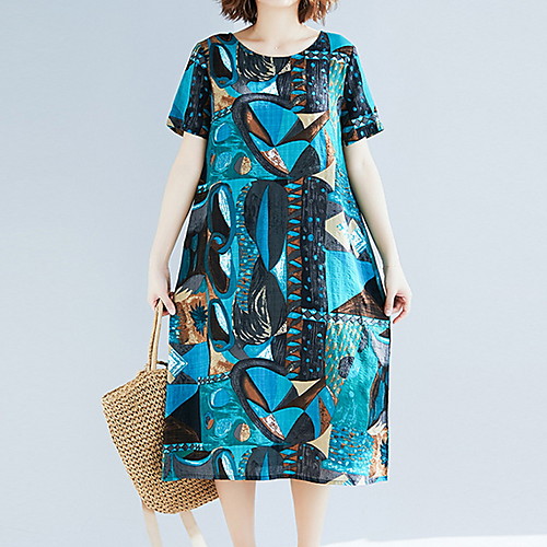 

Women's A Line Dress - Short Sleeves Geometric Blue Green M L XL XXL