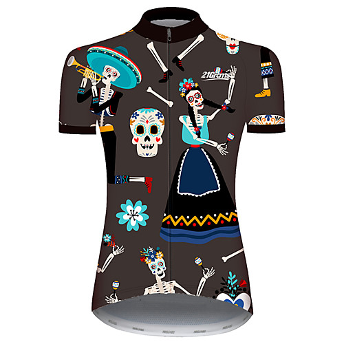 

21Grams Women's Short Sleeve Cycling Jersey 100% Polyester Green / Black Novelty Skull Floral Botanical Bike Jersey Top Mountain Bike MTB Road Bike Cycling UV Resistant Breathable Quick Dry Sports