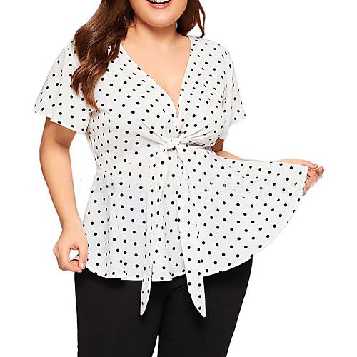 

Women's Plus Size Polka Dot Pleated Print Knotted Blouse Daily V Neck White / Blue / Red / Yellow