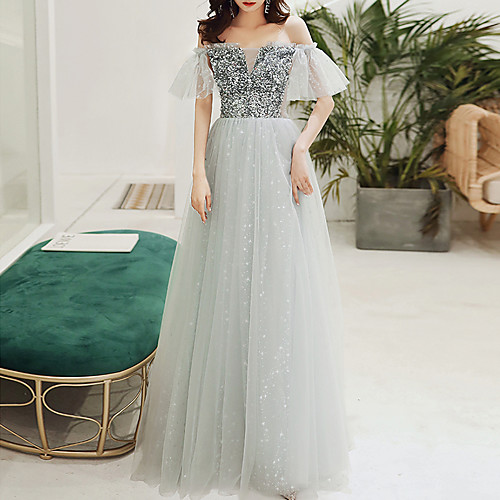 

A-Line Off Shoulder Floor Length Tulle Sparkle / Grey Engagement / Formal Evening Dress with Sequin 2020