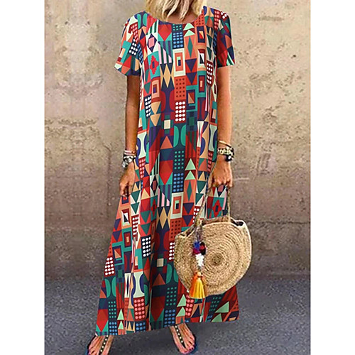 

Women's Yellow Red Dress Loose Geometric L XL