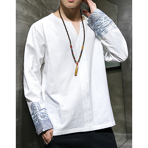 

Men's Plus Size Solid Colored Shirt - Linen Daily Standing Collar White / Blue / Long Sleeve
