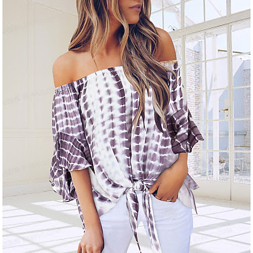 

Women's Geometric Cut Out Print Loose Blouse Daily Off Shoulder Purple / Light Green