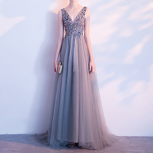 

A-Line Empire Sparkle Engagement Formal Evening Dress V Neck Sleeveless Sweep / Brush Train Tulle with Beading Sequin 2020