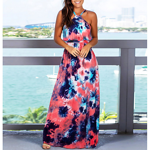 

Women's Maxi Fuchsia Dress Spring & Summer Holiday Vacation Beach A Line Color Block Tie Dye Halter Neck S M