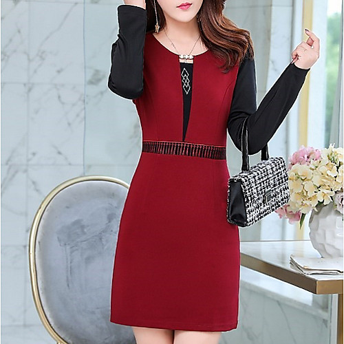 

Women's Wine Khaki Dress Elegant Sheath Color Block M L