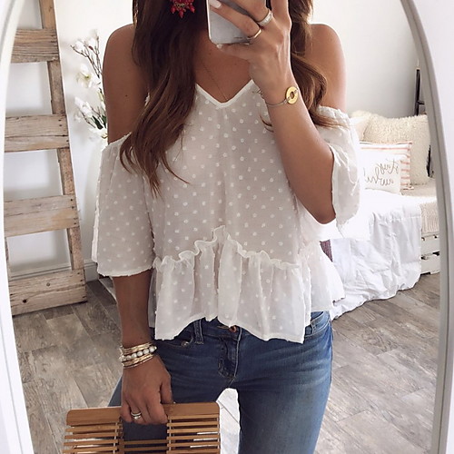 

Women's Daily Blouse - Solid Colored Mesh / Cold Shoulder V Neck White