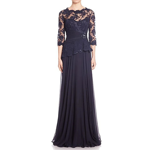 

Sheath / Column Scalloped Neckline Floor Length Chiffon / Lace Elegant / Black Engagement / Formal Evening Dress with Ruched / Lace Insert / Appliques 2020