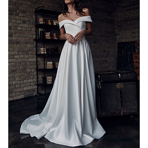 

A-Line Off Shoulder Sweep / Brush Train Stretch Satin Short Sleeve Country Plus Size Wedding Dresses with Bow(s) / Split Front 2020