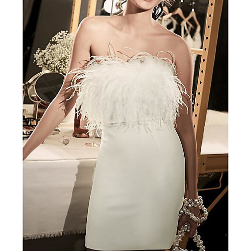 

Sheath / Column Strapless Short / Mini Satin / Feather Sleeveless Country Plus Size Wedding Dresses with Feathers / Fur 2020