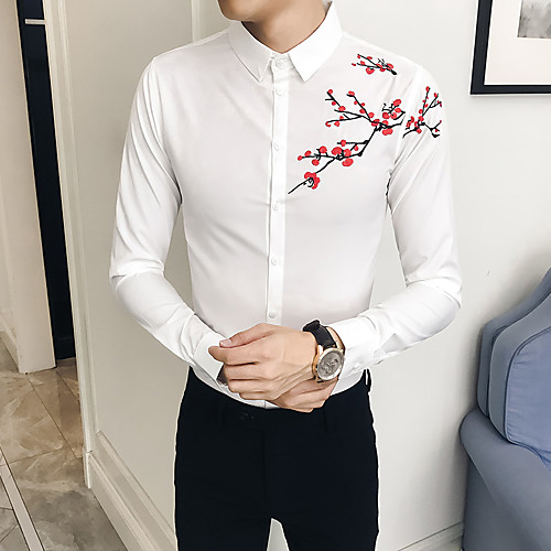 

Men's Daily Going out Basic / Elegant Shirt - Floral / Solid Colored White