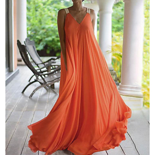 

Women's Maxi Orange Black Dress Summer Holiday Vacation Beach A Line Swing Solid Color Strap S M / V Neck