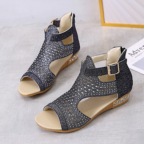 

Women's Sandals 2020 Wedge Heel Open Toe Rhinestone Faux Leather Casual Summer Gold / Black / Beige