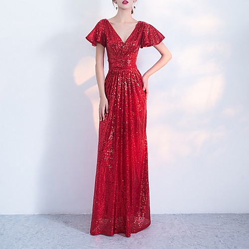 

Sheath / Column V Neck Floor Length Polyester Elegant / Sparkle Wedding Guest / Formal Evening Dress with Pleats / Sequin 2020