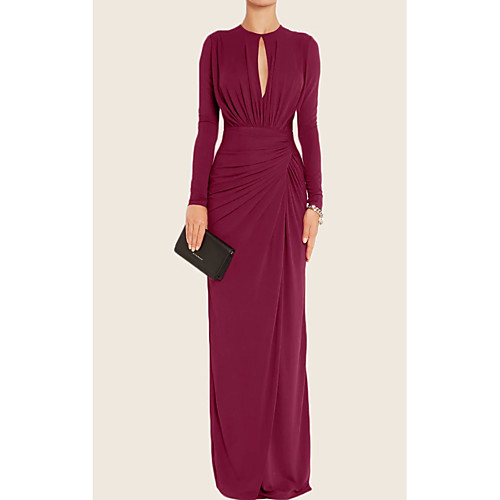 

Sheath / Column Minimalist Red Wedding Guest Formal Evening Dress Jewel Neck Long Sleeve Floor Length Chiffon with Pleats Ruched 2020