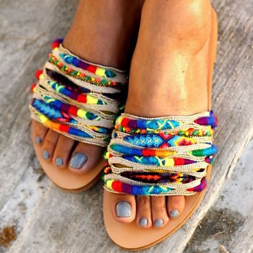 

Women's Sandals Summer Flat Heel Open Toe Boho Beach PU Rainbow