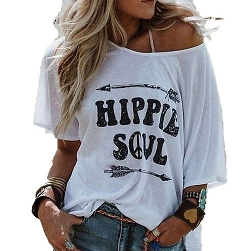 

Women's Daily T-shirt - Letter Print One Shoulder Yellow