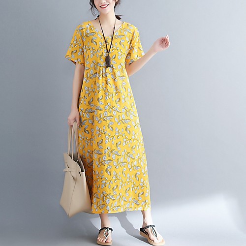 

Women's Yellow Black Dress Loose Floral M L