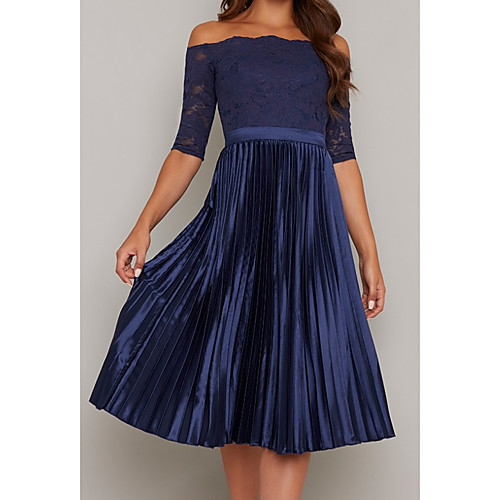 

A-Line Off Shoulder Tea Length Chiffon / Lace / Satin Half Sleeve Elegant Mother of the Bride Dress with Lace / Pleats Mother's Day 2020