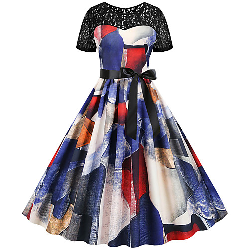 

Women's Rainbow Dress Vintage Style Sexy Daily Going out Sheath Swing Print Color Block Lace Patchwork Print S M