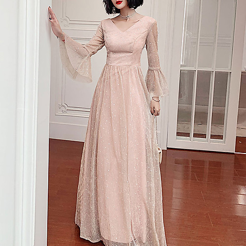 

A-Line V Neck Floor Length Tulle Glittering / Pink Party Wear / Prom Dress with Sequin 2020