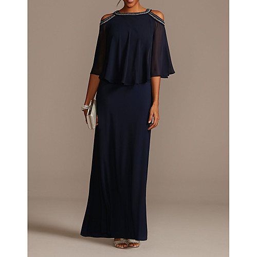 

Sheath / Column Jewel Neck Floor Length Chiffon Half Sleeve Elegant Mother of the Bride Dress with Beading / Sequin Mother's Day 2020