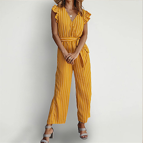 

Women's Yellow Red Black Jumpsuit Onesie, Striped Ruffle S M L