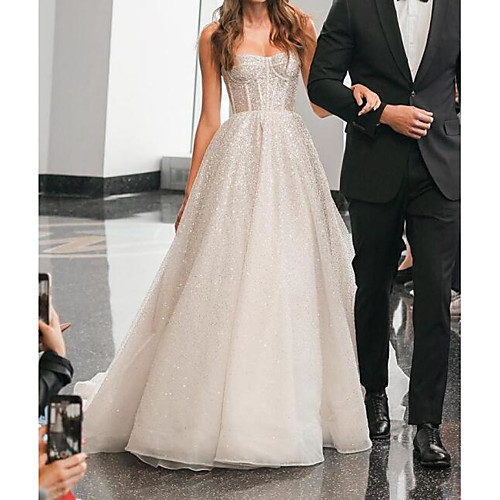 

A-Line Spaghetti Strap Sweep / Brush Train Polyester Sleeveless Country Plus Size Wedding Dresses with Appliques 2020