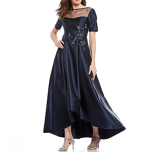 

A-Line Illusion Neck Asymmetrical Satin Short Sleeve Elegant Mother of the Bride Dress with Beading / Appliques Mother's Day 2020