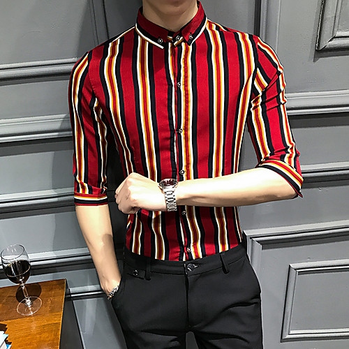 

Men's Daily Going out Basic / Elegant Shirt - Striped / Color Block Red