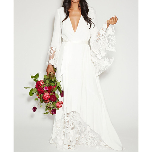 

A-Line Plunging Neck Sweep / Brush Train Polyester Long Sleeve Casual Plus Size Wedding Dresses with Sashes / Ribbons / Lace Insert / Appliques 2020