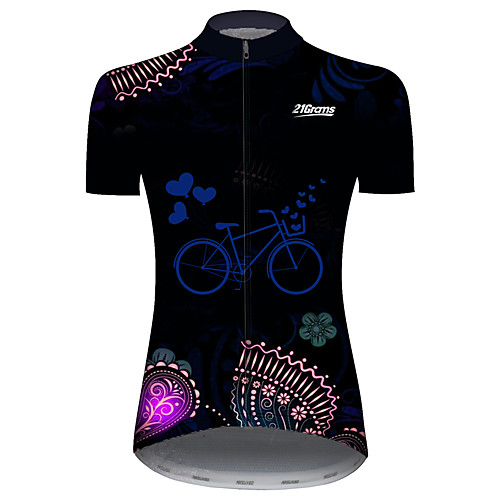 

21Grams Women's Short Sleeve Cycling Jersey Black / Blue Floral Botanical Bike Jersey Top Mountain Bike MTB Road Bike Cycling UV Resistant Breathable Quick Dry Sports Clothing Apparel / Stretchy